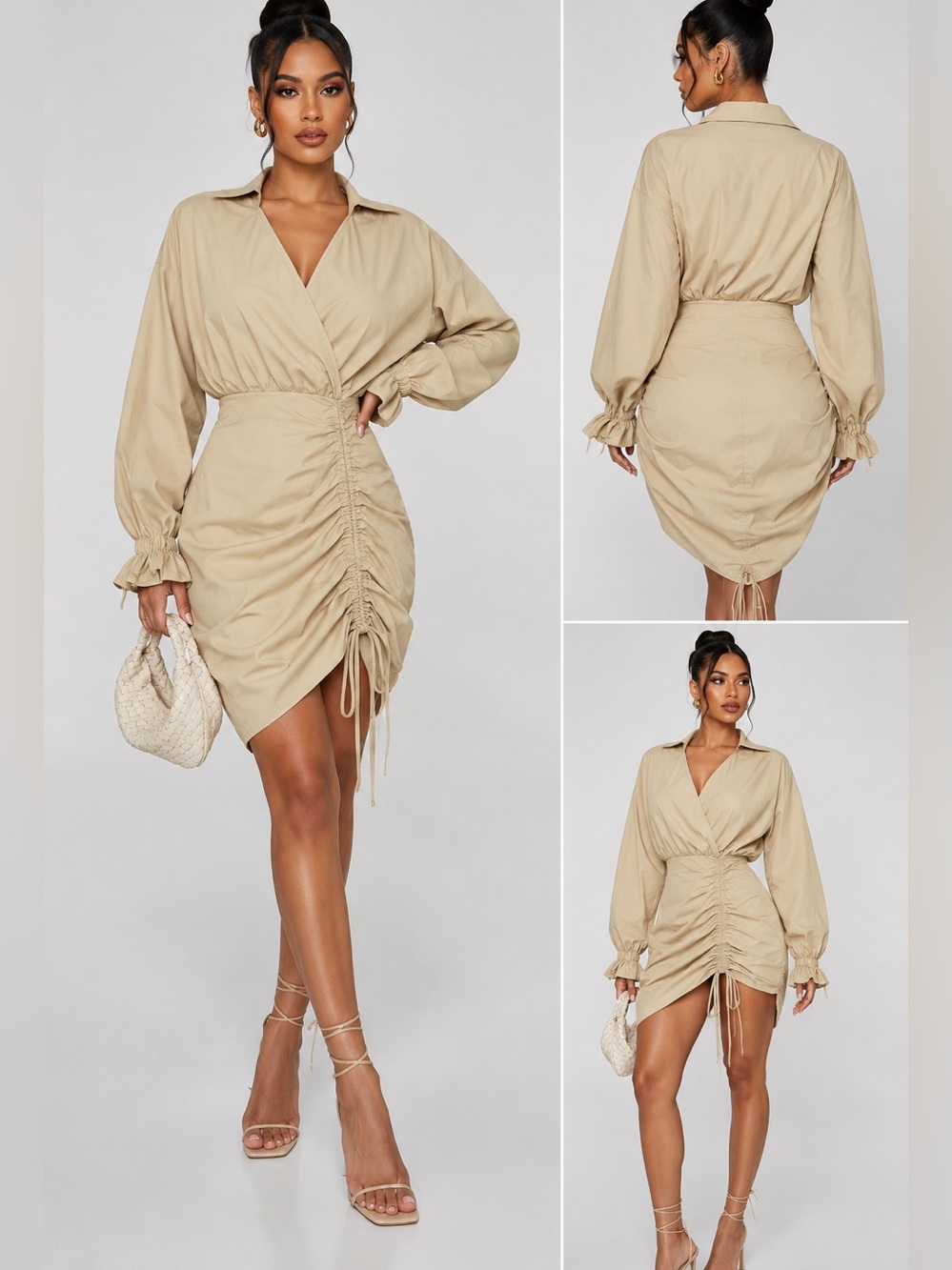 Tan Long Sleeve Wrap Top Dress With Front Cinch Cords  Size M